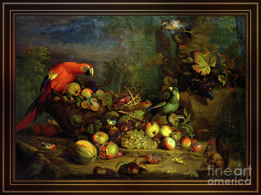 Parrots and Fruit with Other Birds and a Squirrel by Tobias Stranover Painting by Rolando Burbon