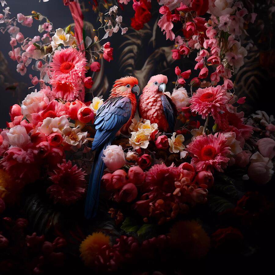 Flower Digital Art - Parrots in the flowers by Vaclav Zabransky