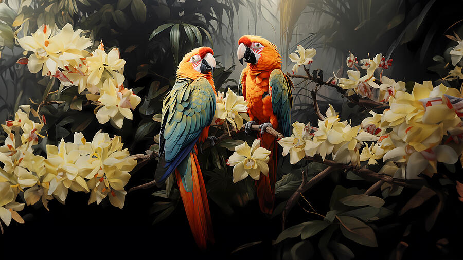 Flower Digital Art - Parrots surrounded by flowers by Vaclav Zabransky