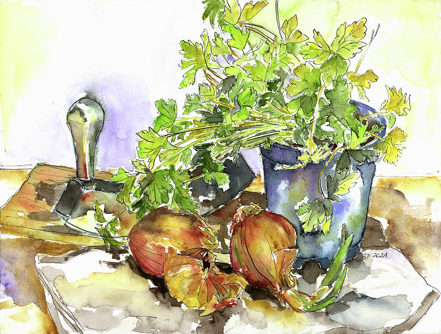 Parsley And Onions Painting by Barbara Pommerenke