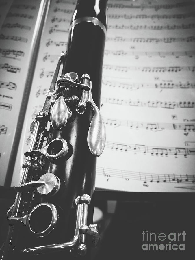 Part of a clarinet on musical score black and white ...