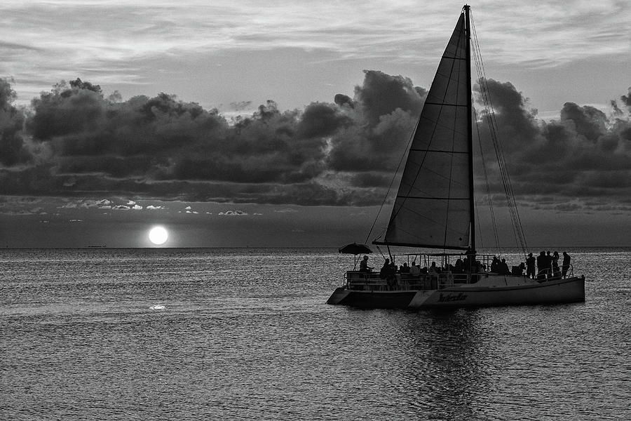 Party Boat at Sunset #2 Black and White Photograph by Steve Templeton