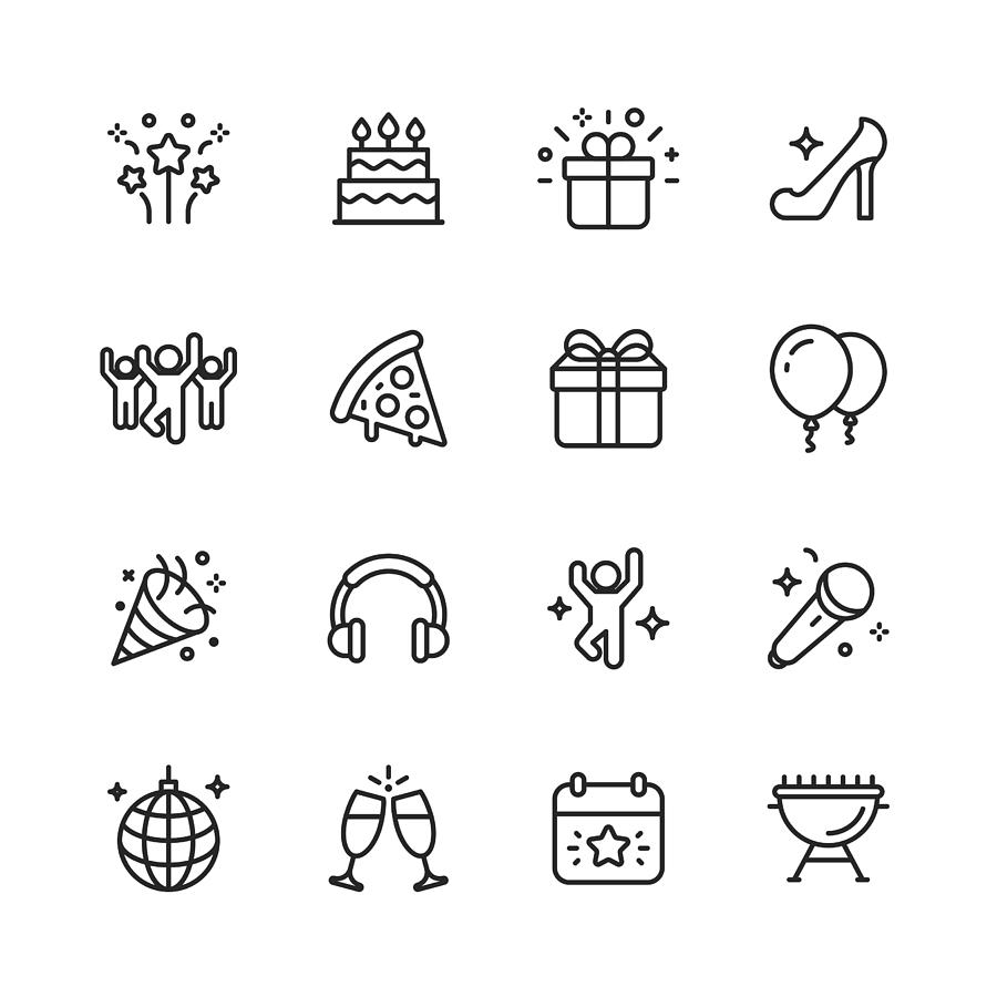 Party Line Icons. Editable Stroke. Pixel Perfect. For Mobile and Web. Contains such icons as Party, Decoration, Disco Ball, Dancing, Nightlife. Drawing by Rambo182