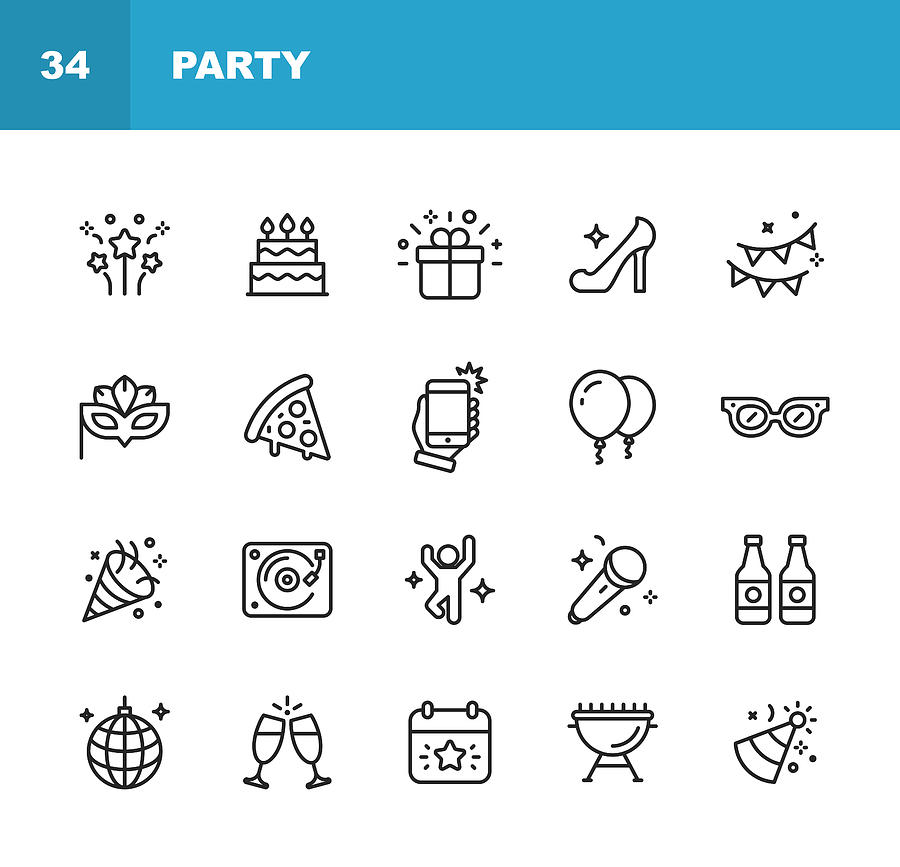 Party Line Icons. Editable Stroke. Pixel Perfect. For Mobile and Web. Contains such icons as Party, Decoration, Disco Ball, Dancing, Nightlife, Selfie, Fast Food, Beer, Glasses, Gift, Cake. Drawing by Rambo182