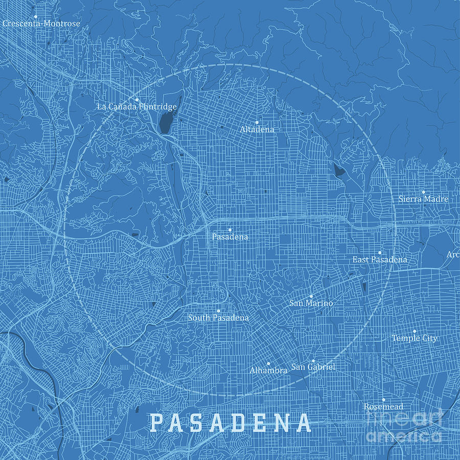 Pasadena Digital Art - Pasadena CA City Vector Road Map Blue Text by Frank Ramspott