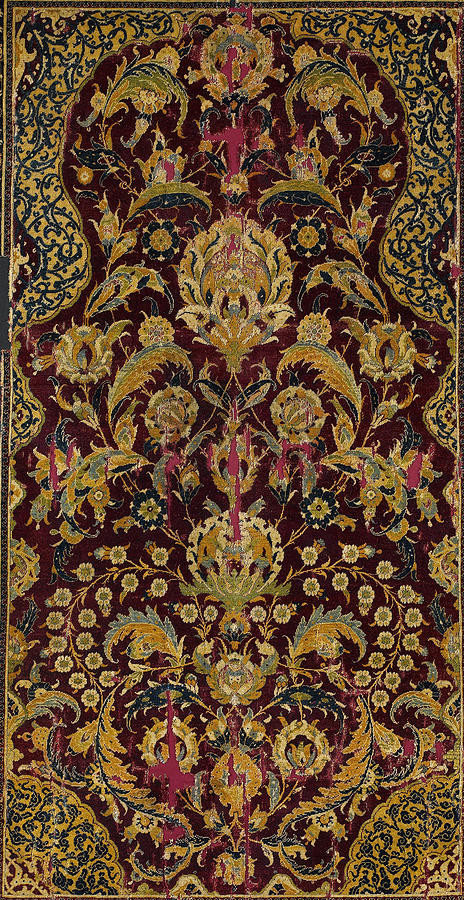 Pashmina Carpet With Gateway-and-millefleur Pattern Design Gold Painting