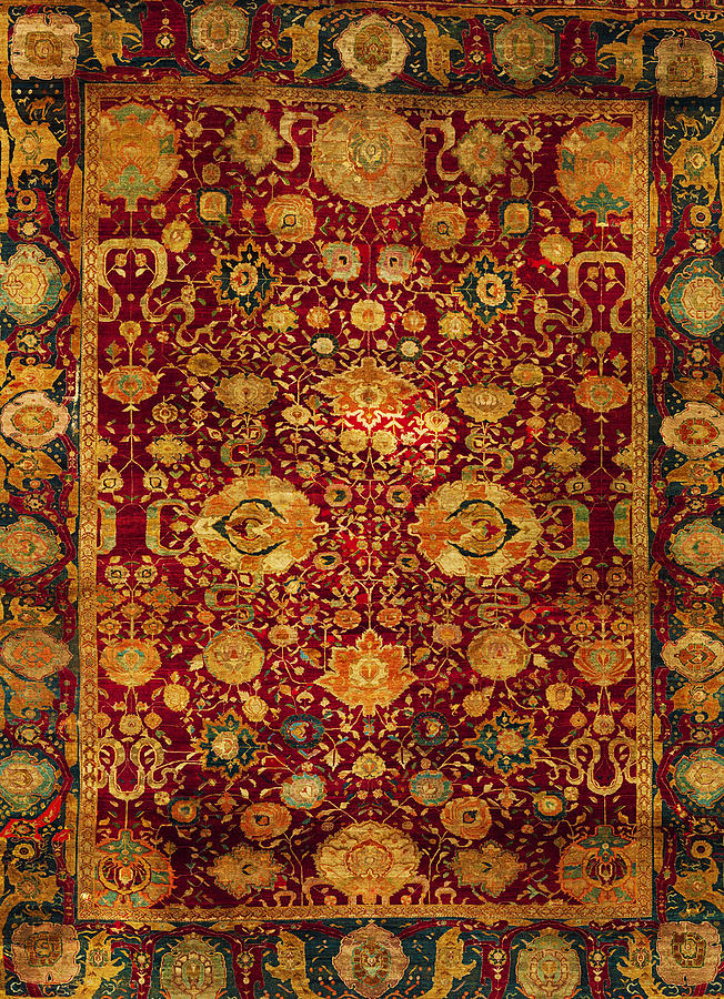 Pashmina Carpet with Gateway-and-Millefleur Pattern Design Red Painting by Tony Rubino