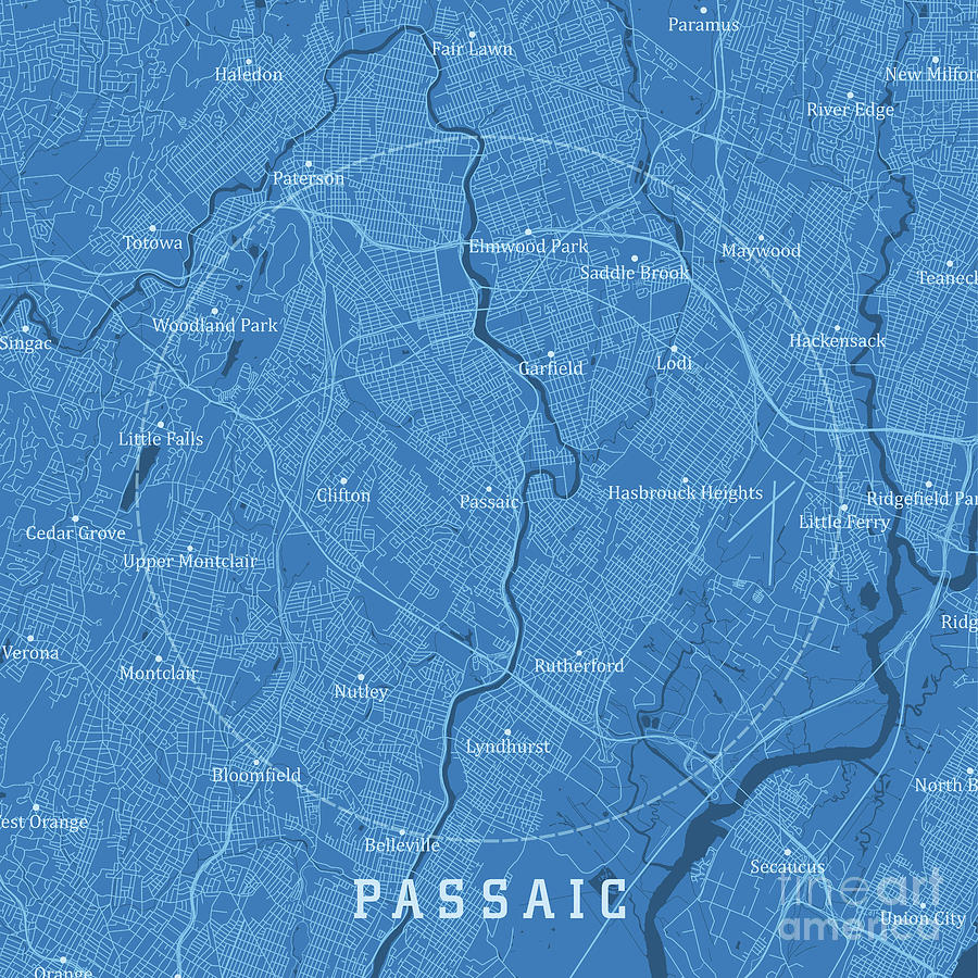 Passaic NJ City Vector Road Map Blue Text Digital Art by Frank Ramspott