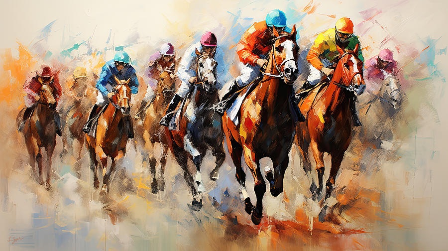 Passion of Racing - Horse Racing Paintings Painting by Lourry Legarde