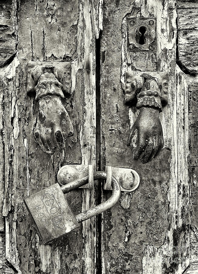 PAST TIMES LOCKED - Portugal Algarve MYSTERIOUS OLD DOOR TWO KNOCKER PADLOCK KEY HOLE Photograph by Tatiana Bogracheva
