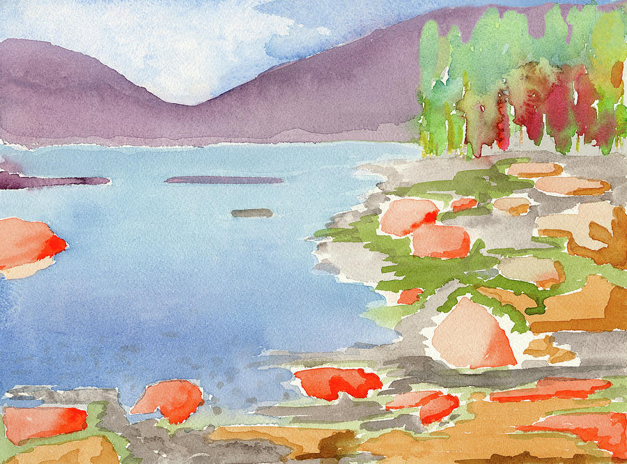 Pastel Colors Lake and Mountain Watercolor Painting by Deborah League