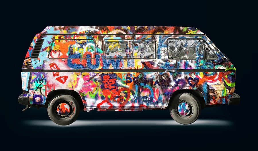 Pastel Graffiti retro van, classic car for camping psd Painting by Tony Rubino