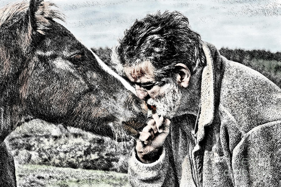 PASTEL SKETCH STYLE, TRUE FRIENDS, A KISS, A MAN AND A HORSE, Walsh cob,Wales, UK  Photograph by Tatiana Bogracheva