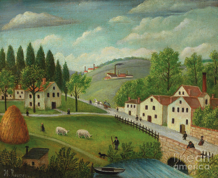 Pastoral landscape with stream, fisherman and strollers by Rousseau Painting by Henri Rousseau