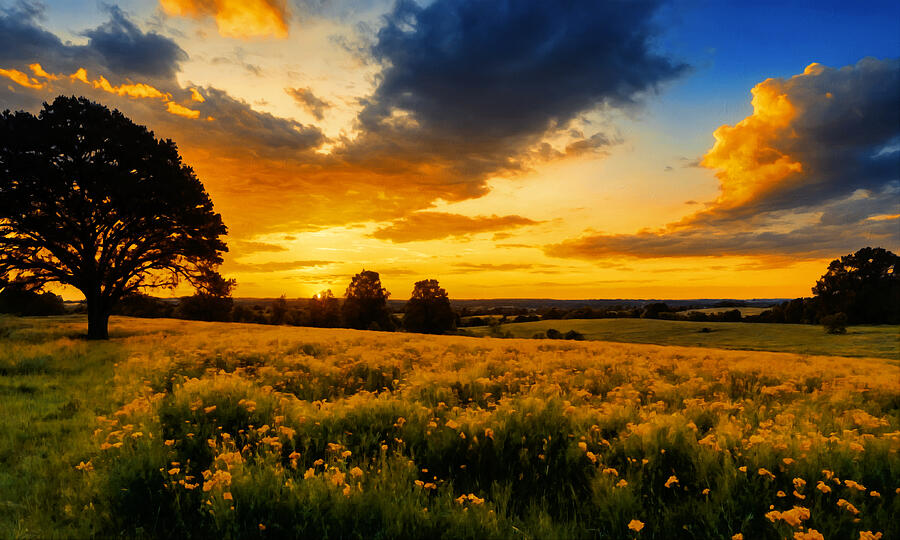 Pasture with a tree and wild flowers under a beautiful sunset sky - digital painting Digital Art by Nicko Prints Pasture with a tree and wild flowers under a beautiful sunset sky - digital painting Digital Art by Nicko Prints