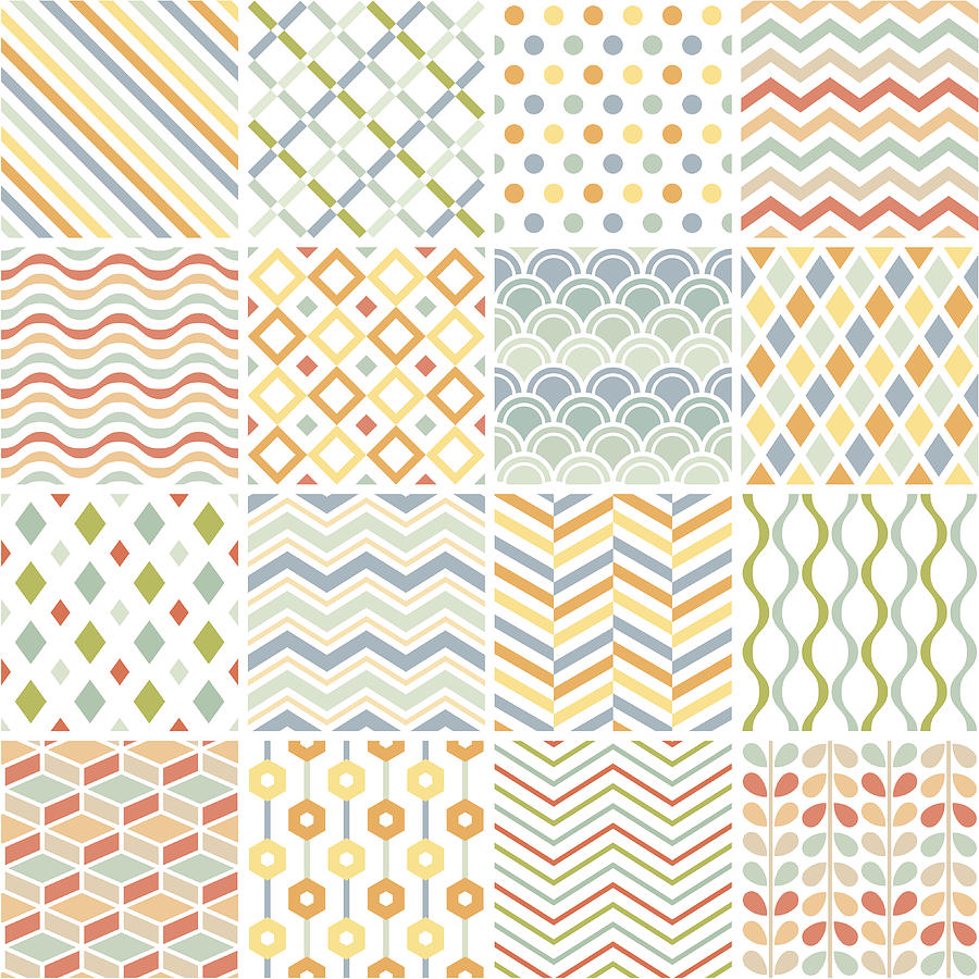 Patchwork of 16 geometric patterns on white Drawing by Ulimi
