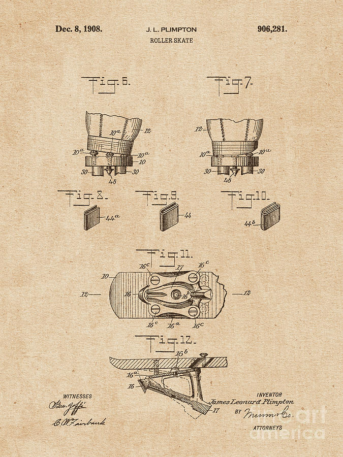 PATENT DRAWING / 1908 - Roller Skate 3 - Vintage Drawing by Daniel ...