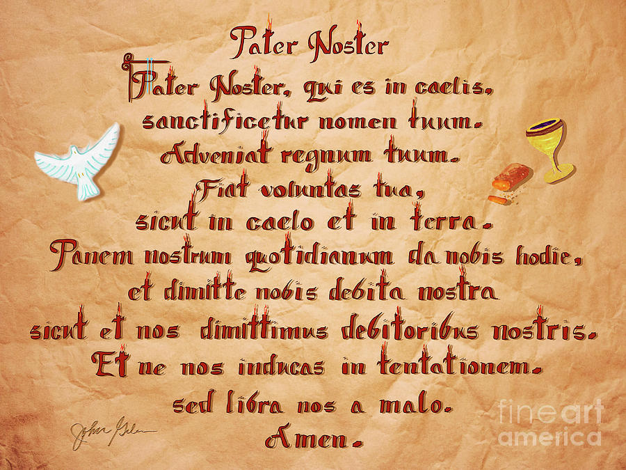 Bread Drawing - Pater Noster-Our Father-Latin-handwritten in Calligraphy with audio by John Grdens Wonky Designs and Fine Art