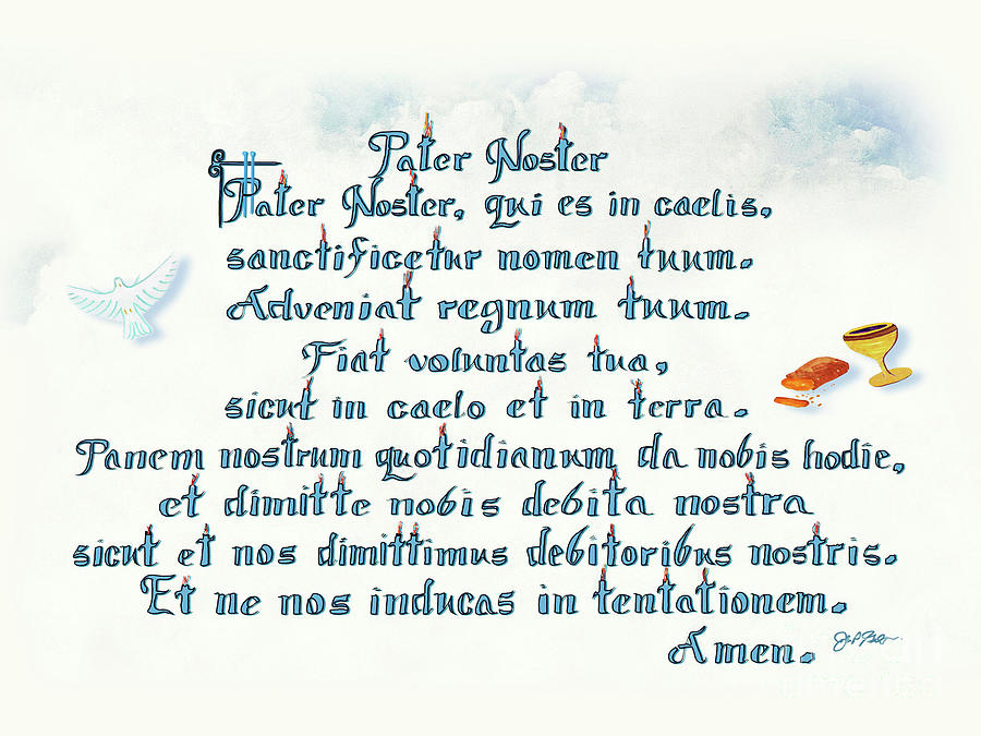 Bread Drawing - Pater Noster - Our Father Prayer in Latin - Among the Clouds by John Grdens Wonky Designs and Fine Art