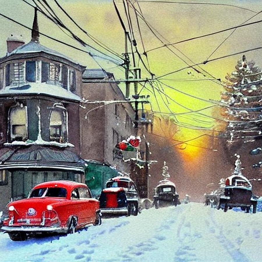 Paterson New Jersey 1950s Streetscape in Winter Painting by Christopher Lotito