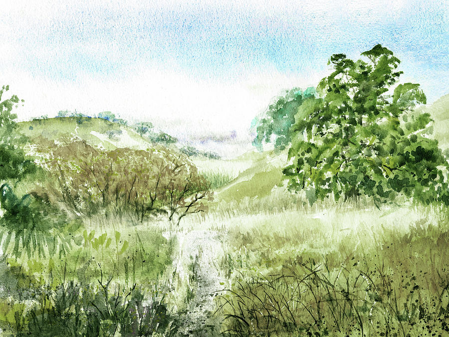 Path In The Summer Field Watercolor Country Landscape Painting by Irina Sztukowski
