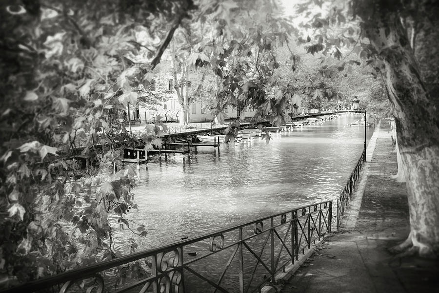 Pathway by Canal du Vasse Annecy France Black and White  Photograph by Carol Japp