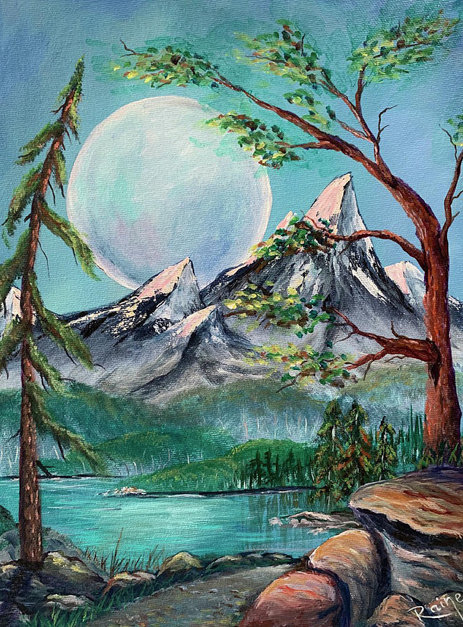 Pathway by Lake and Mountains in Full Moonlight by artist Raine ...