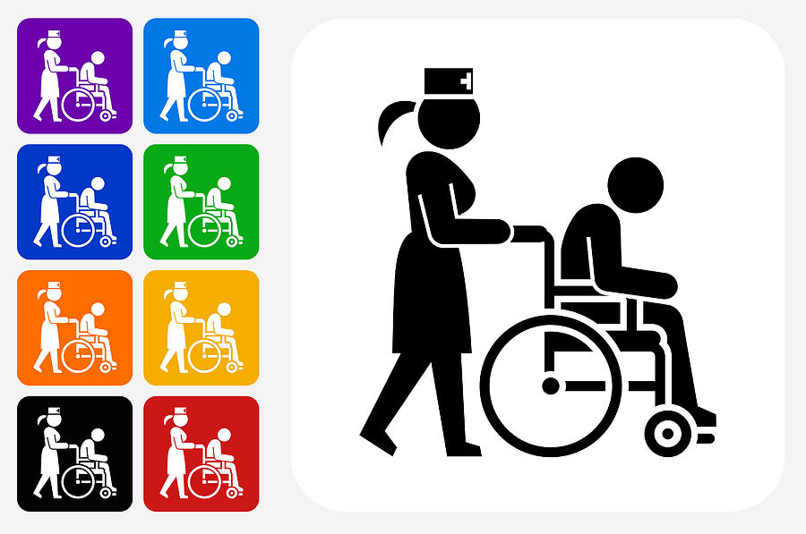 Patient on Wheelchair and Female Nurse Icon Square Button Set Drawing by Bubaone