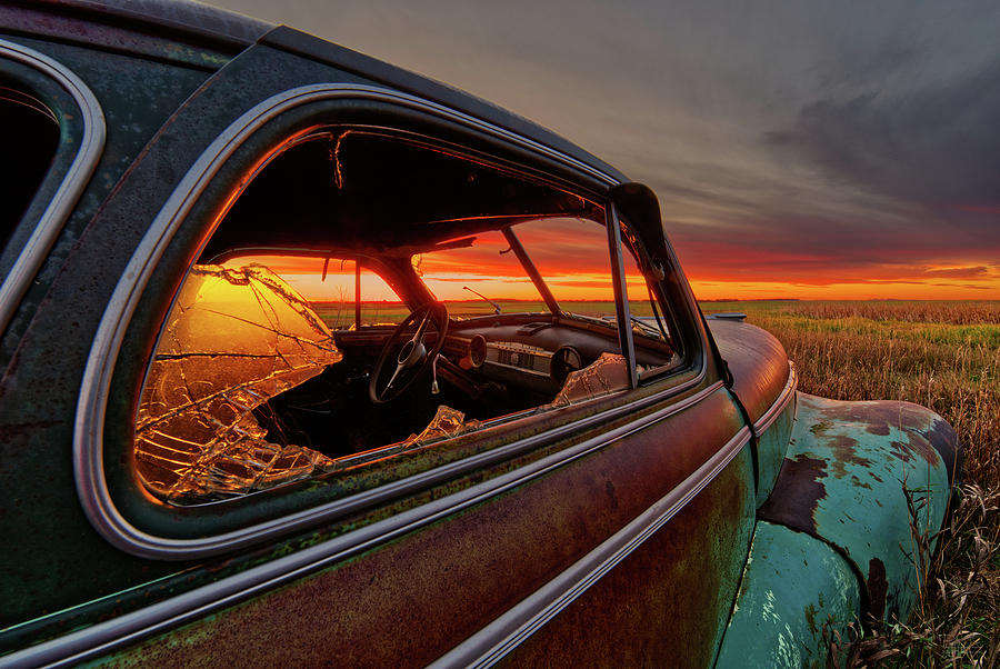 Patina Perspectives Series - 1 of 6  1947 Chevy coup abandoned in ND field at sunrise Photograph by Peter Herman