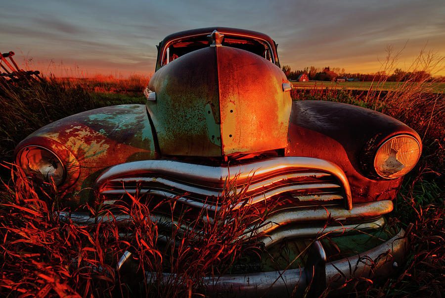 Patina Perspectives Series - 6 of 6  1947 Chevy coup abandoned in ND field at sunrise Photograph by Peter Herman