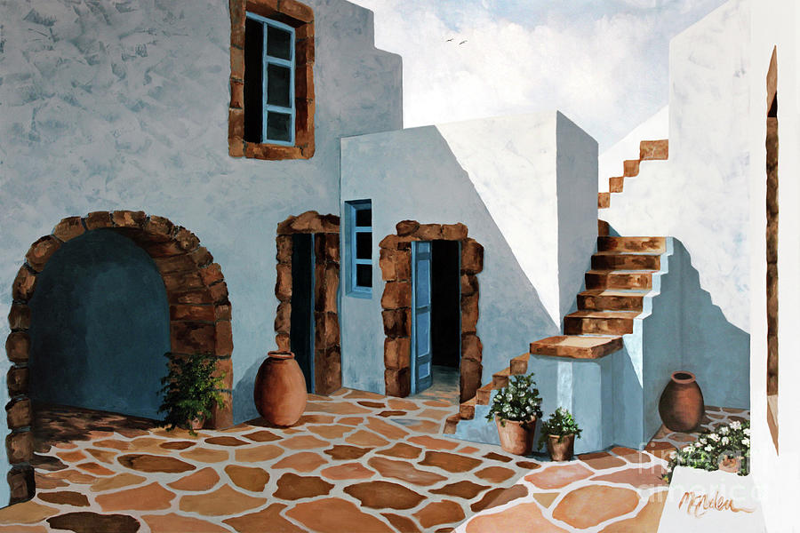 Greek Painting - PATIO IN PATMOS, Greece, Prints of Painting by Mary Grden