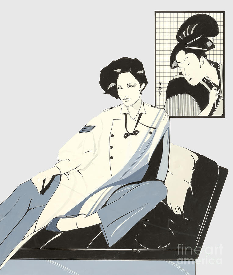 Patrick Nagel - Woman On Chair In Front Of Kitagawa Utamaro Woodblock 