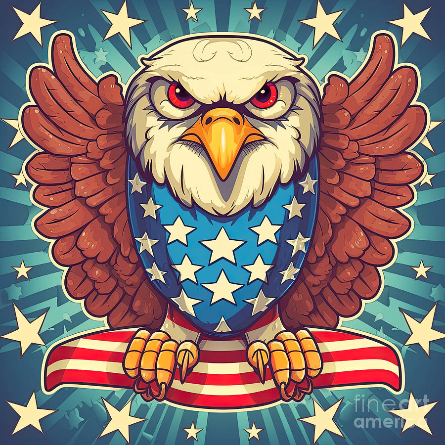 Patriotic bald eagle clasping a red and white striped banner. Retro toned vintage style character with US flag theme for 4th of July celebrations. Star burst background. Generative AI. Photograph by Jane Rix