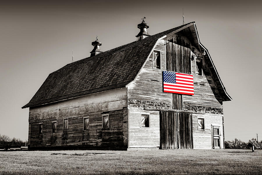 Patriotic Barn With The Glorious Red White And Blue - Sepia Selective Color Photograph by Gregory Ballos