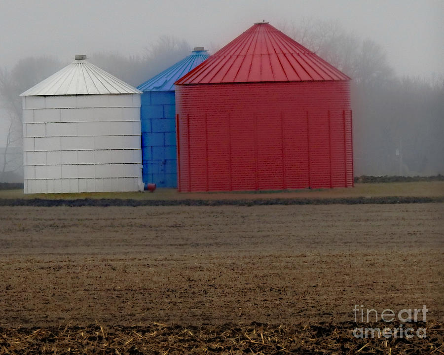 Patriotic Corn Bins In The Fog Photograph by Kathy M Krause