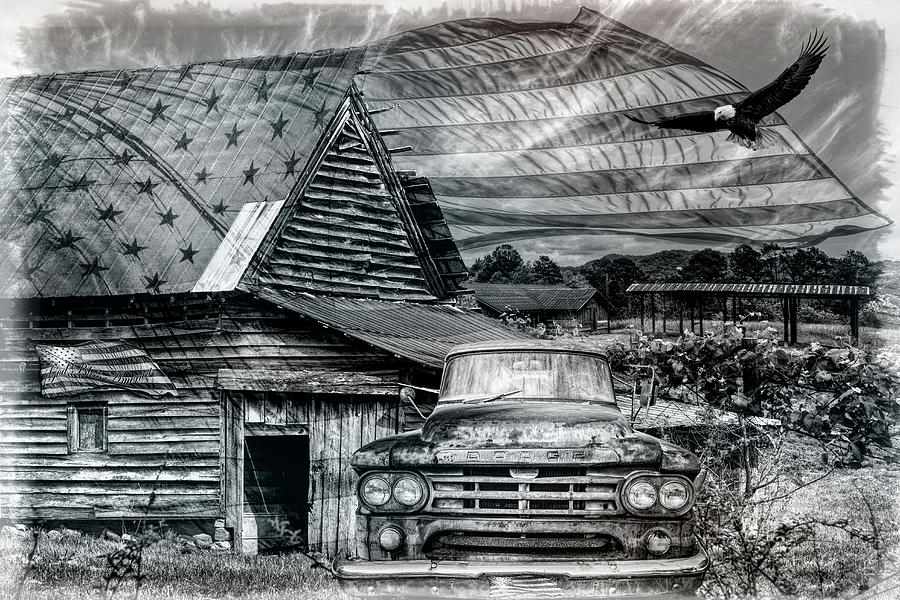 Patriotic Country Barn Black and White Photograph by Debra and Dave Vanderlaan