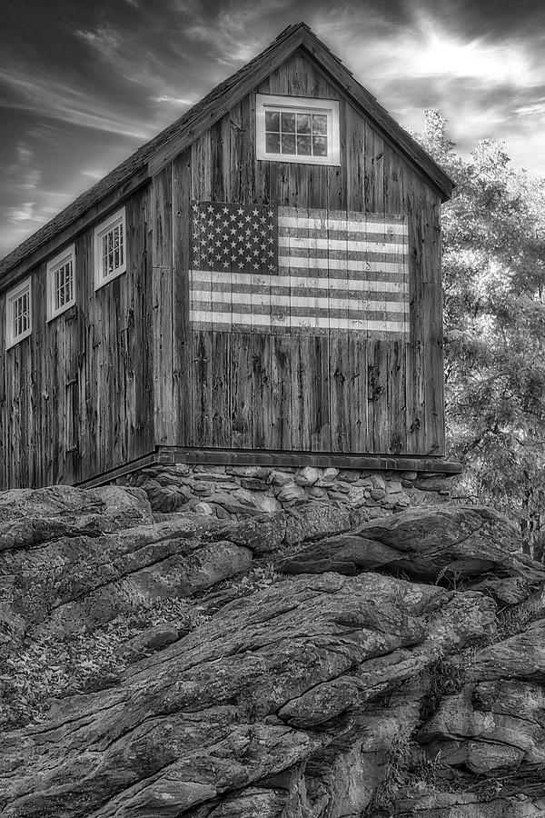 Patriotic Rustic USA  Barn BW Photograph by Susan Candelario