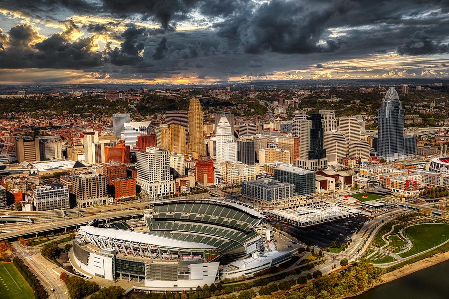 Cincinnati Bengals Photograph - Paul Brown Stadium And Downtown Cincinnati At Sunset by Mountain Dreams