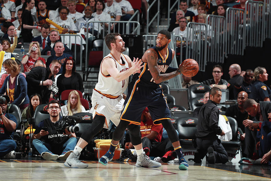 Paul George and Kevin Love Photograph by Jeff Haynes