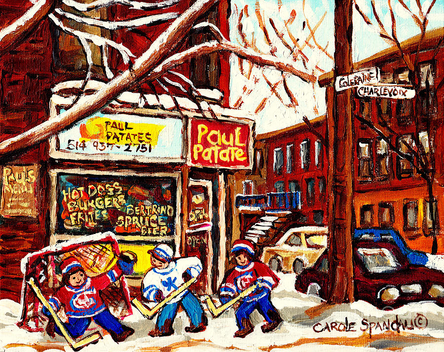 Paul Patates Psc Montreal Landmarks Corner Snack Bar Diner Hockey Art Winter Street Scene C Spandau Painting by Carole Spandau