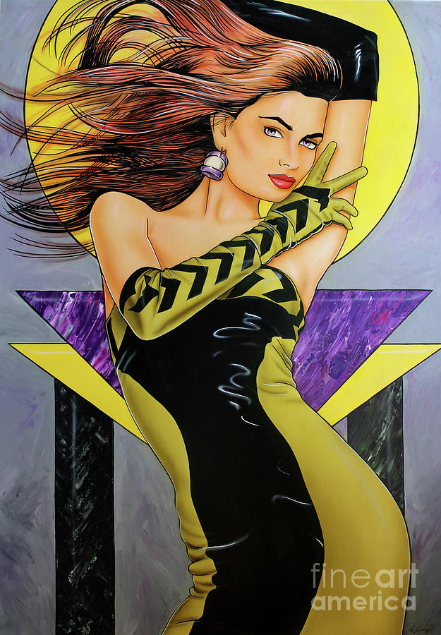 Paulina Art Deco 80s Disco Girl yellow and Purple Painting by Tim Gilliland