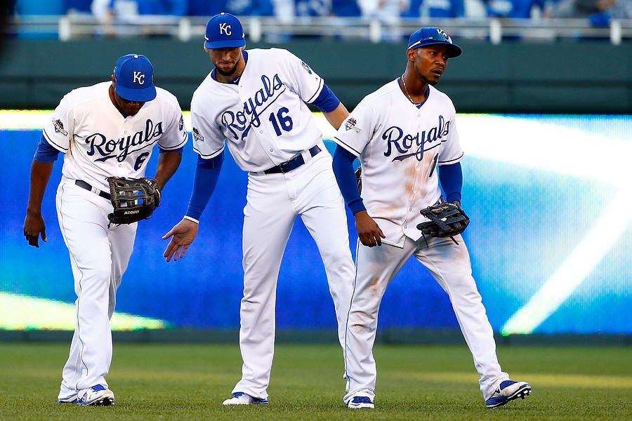 Paulo Orlando, Jarrod Dyson, and Lorenzo Cain Photograph by Jamie Squire