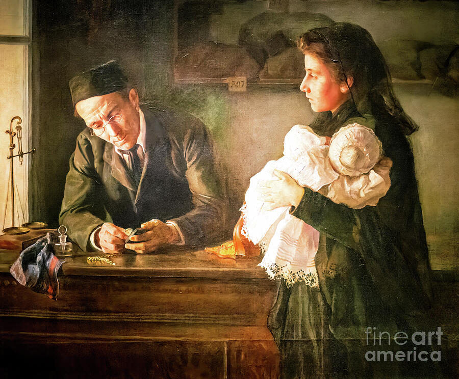 Pawnshop Scene, The Last Valuable by Maria Luisa Puiggener 1900 Painting by Maria Luisa Puiggener