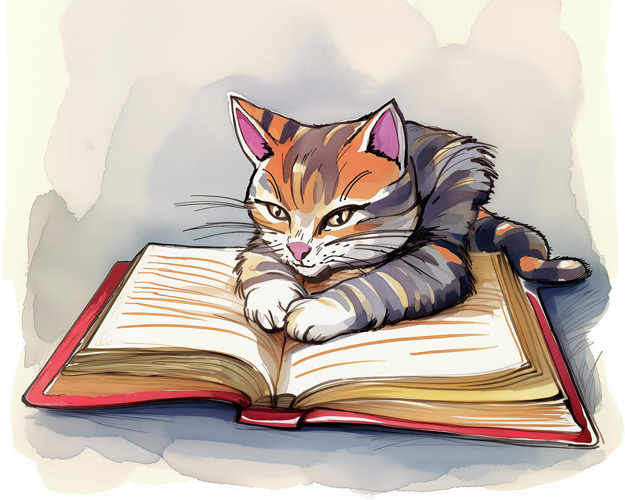 Paws And Prose - Calico Cat Book Lover Digital Art by Mark Tisdale