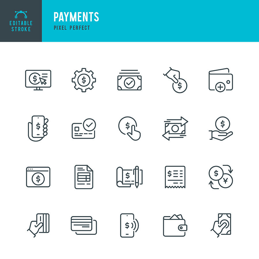 Payments - thin line vector icon set. Pixel perfect. Editable stroke. The set contains icons: Paying, Contactless Payment, Credit Card Purchase, Mobile Payment, Buying, Receiving Payment, Wallet. Drawing by Fonikum