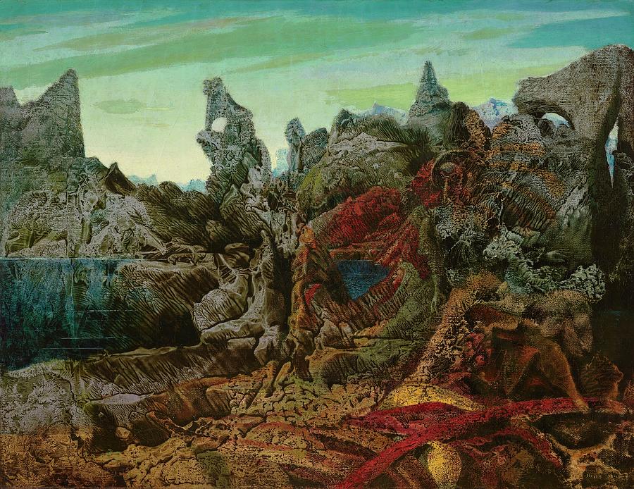 Paysage Avec Lac et Chimeres - Landscape with Lake and Chimeras Painting by Max Ernst