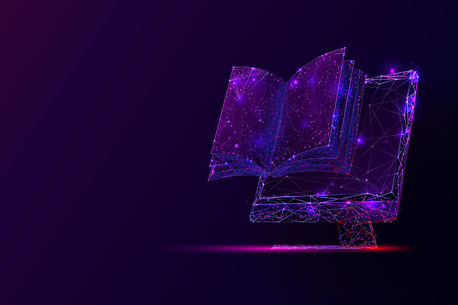 PC screen and book low poly vector illustration. Drawing by Antoniokhr