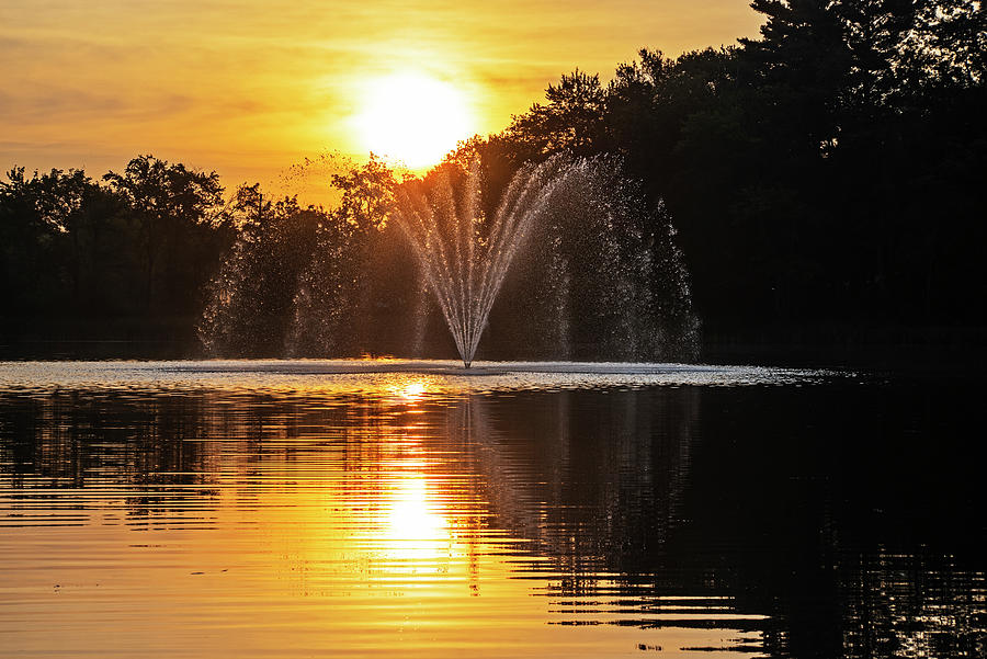 Peabody Massachusetts Crystal Pond Fountain Golden Sunrise  Photograph by Toby McGuire