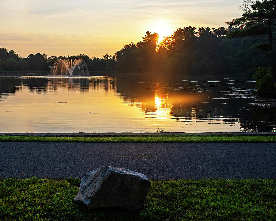Peabody Massachusetts Crystal Pond Fountain Sunrise  Border to Boston Trail Photograph by Toby McGuire