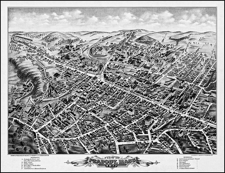 Peabody Massachusetts Vintage Map Birds Eye View 1877 Black and White ...